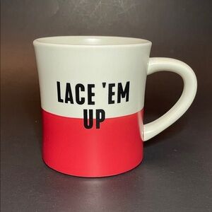 INDIGO Red & White Mug w Fun LACE ‘EM UP Text | Hockey Sports Fan Whimsical